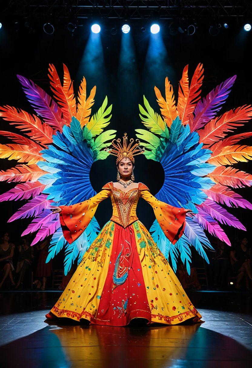 A dazzling live performance scene showcasing a theatrical stage bathed in vibrant colors, with performers adorned in elaborate costumes dynamically interacting with visual art projections. Include an audience captivated by the energy, while elements of cultural motifs intertwine throughout the setting, illuminating the impact of visual arts on live narratives. super-realistic. vibrant colors. 3D.