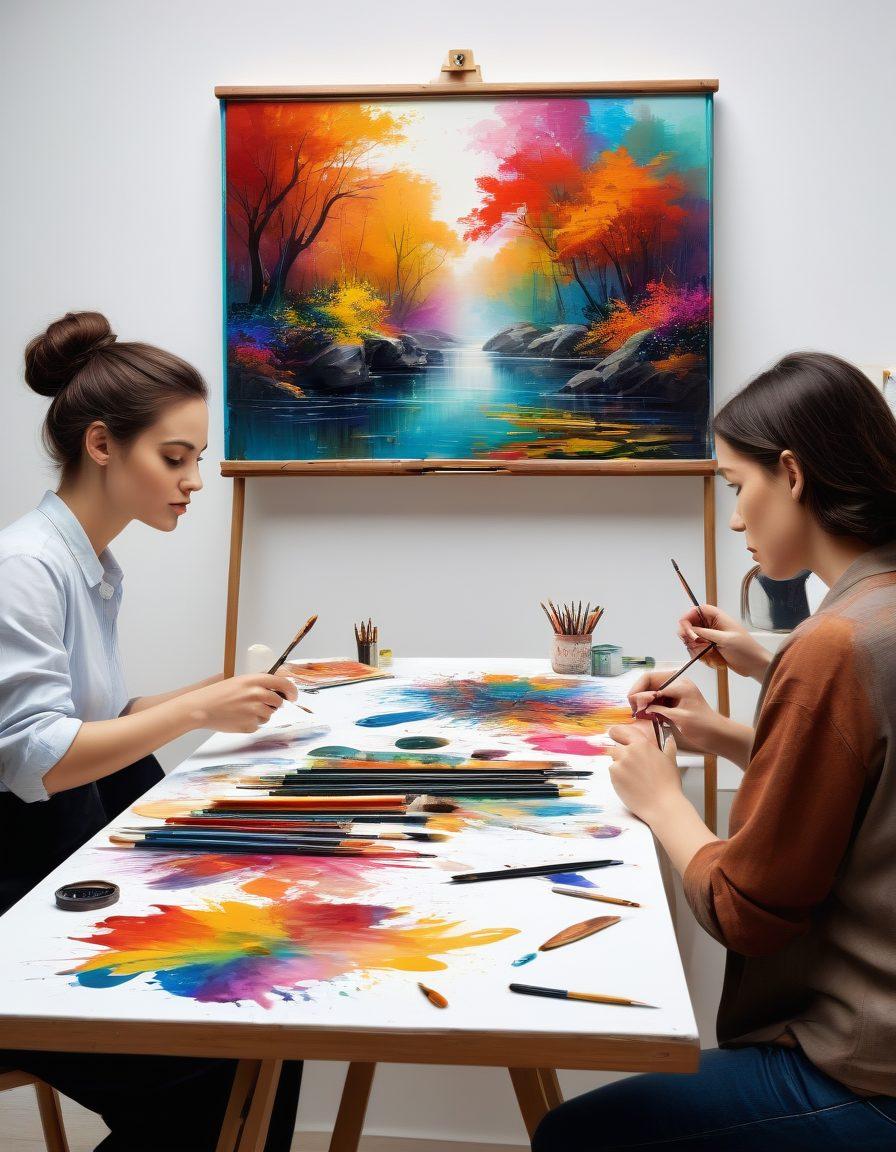 A dynamic split-image showcasing a traditional artist painting on a canvas on one side, and a modern digital artist using a tablet on the other, blending together to show the evolution of art. Include film reels and iconic movie scenes in the background merging with vibrant color brush strokes. The foreground features various artistic tools like paintbrushes and digital styluses. super-realistic. vibrant colors. white background.